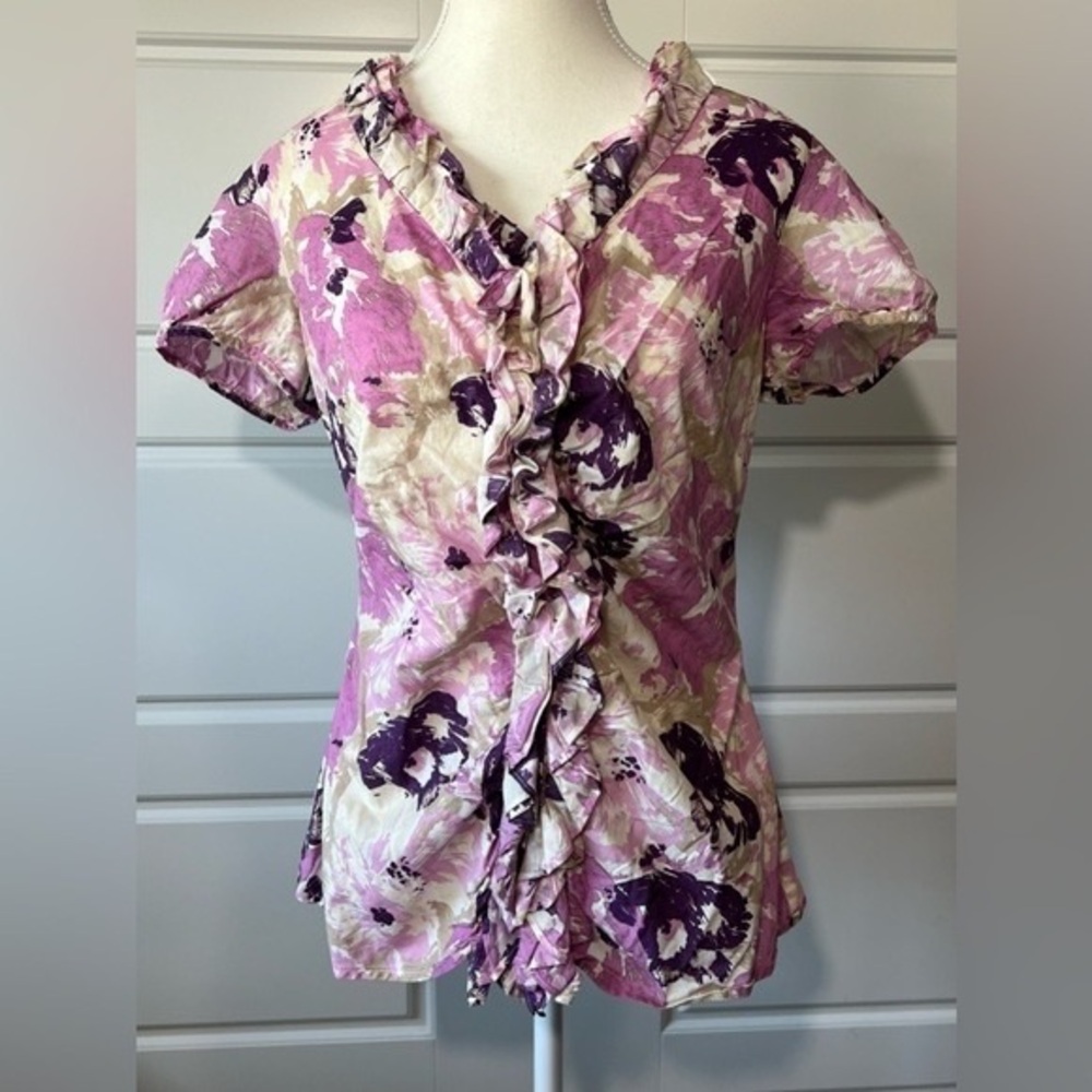 Floral Ruffle Women's Top - Purple and Cream